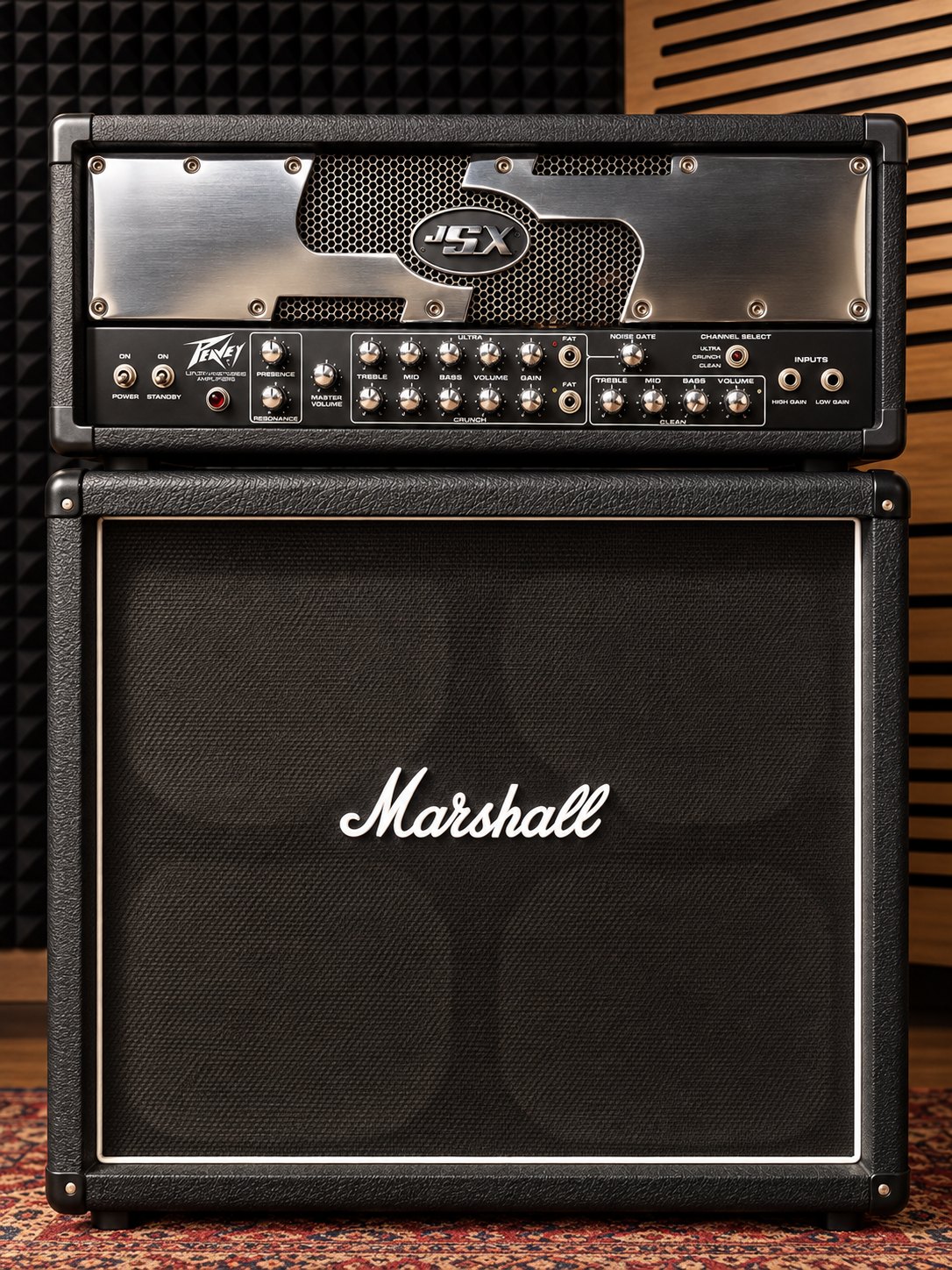Peavey amfi başlığı ve Marshall gitar kabini.
